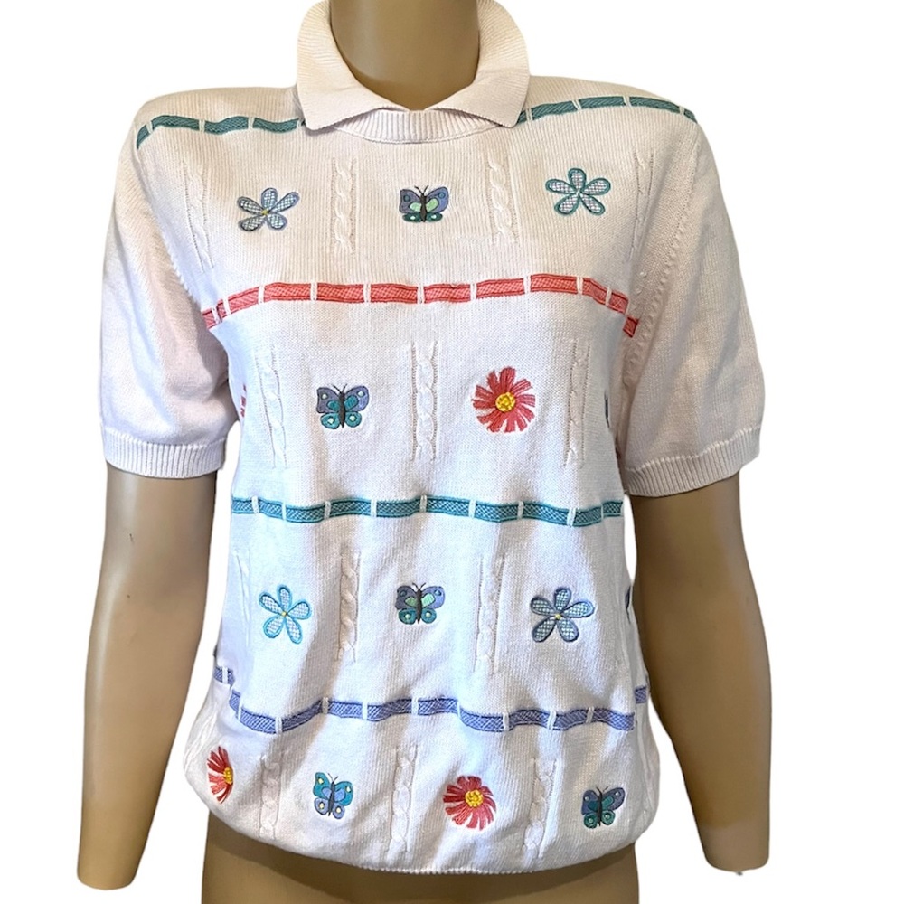 Vintage Polo Collared Shortsleeved Floral Butterfly White Sweater Size Small